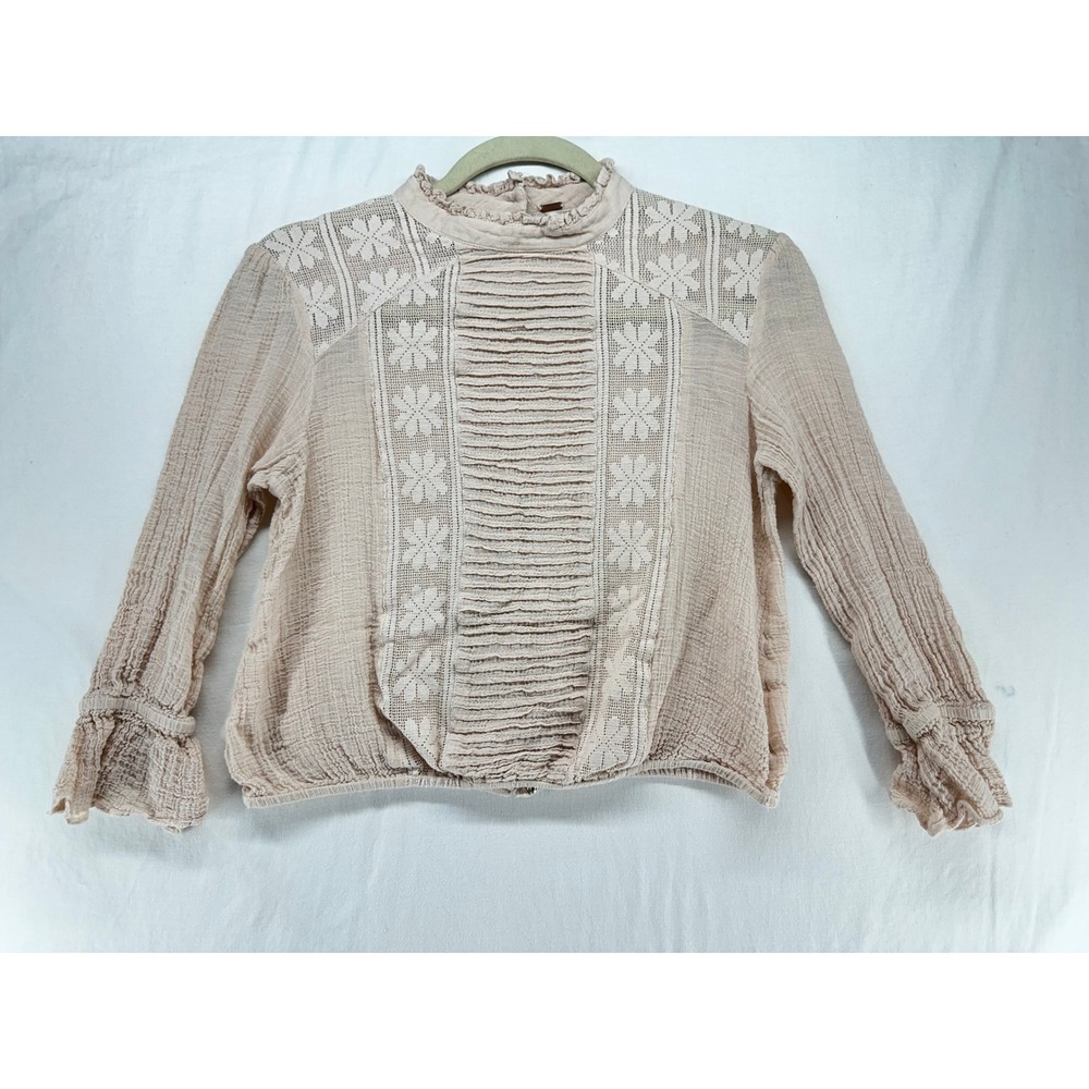 Free‎ People Blush Pink Gauze Lace Boho Blouse Button Back Top Small